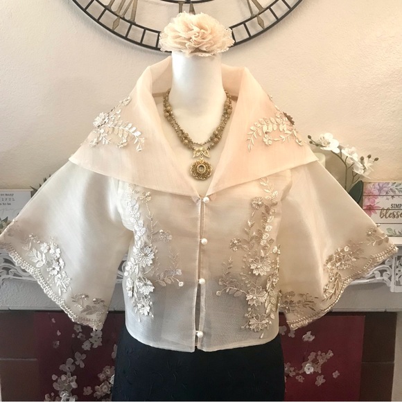 Majestic Vouge Collections Dresses & Skirts - Cream Beige Piña Organza Maria Clara Filipiniana blouse w/ classic embroidery